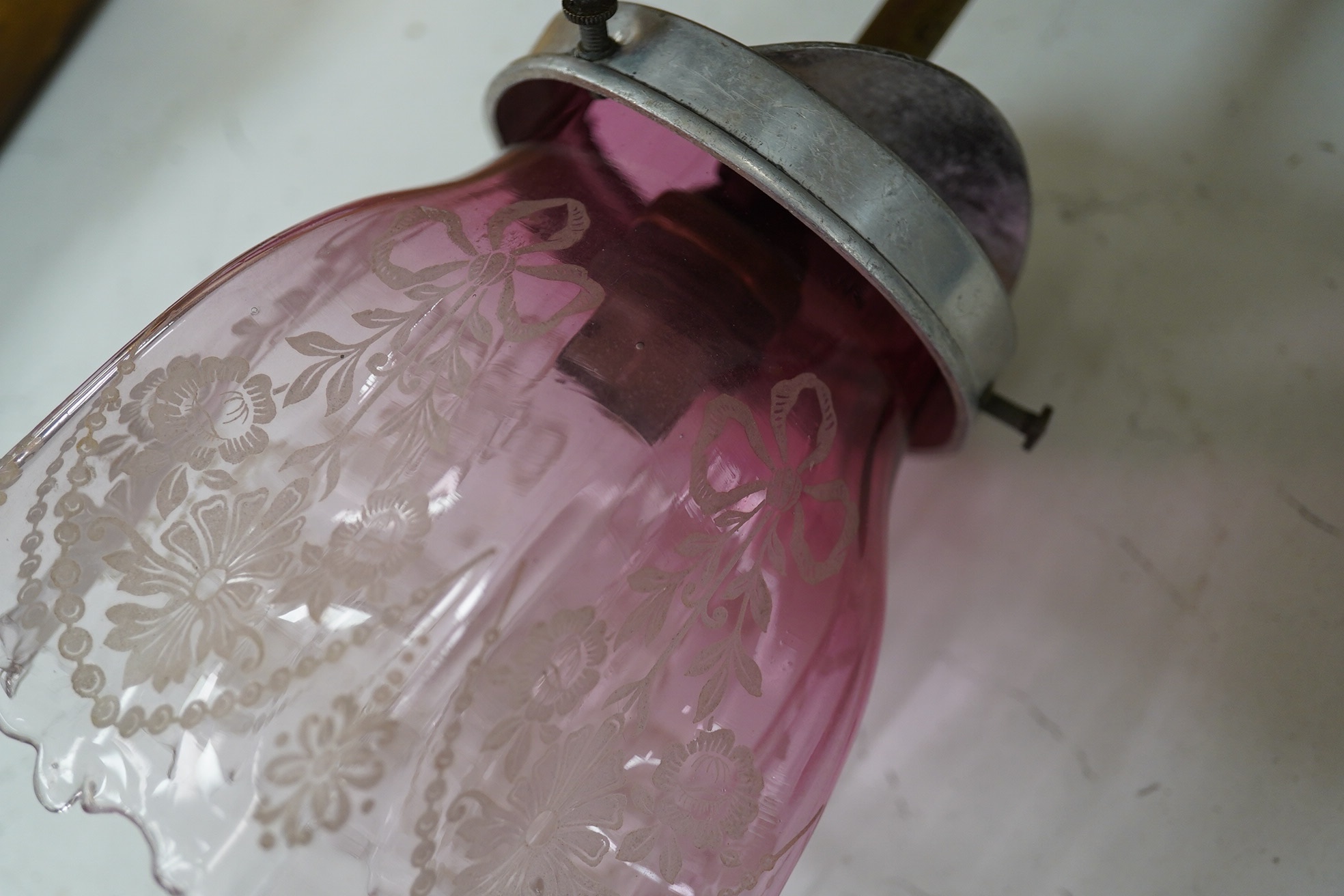 An original English gas pendant converted to electricity with acid etched pink glass shade, circa 1880’s-1890’s, wired, overall 54cm high. Condition - good